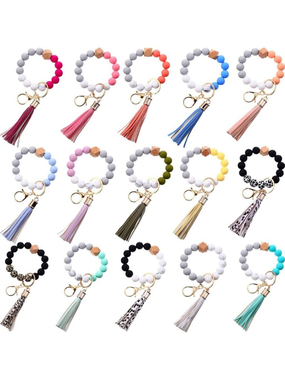 15 Pcs Silicone Beaded Keychain Wristlet Set for Women - Trendy Accessories
